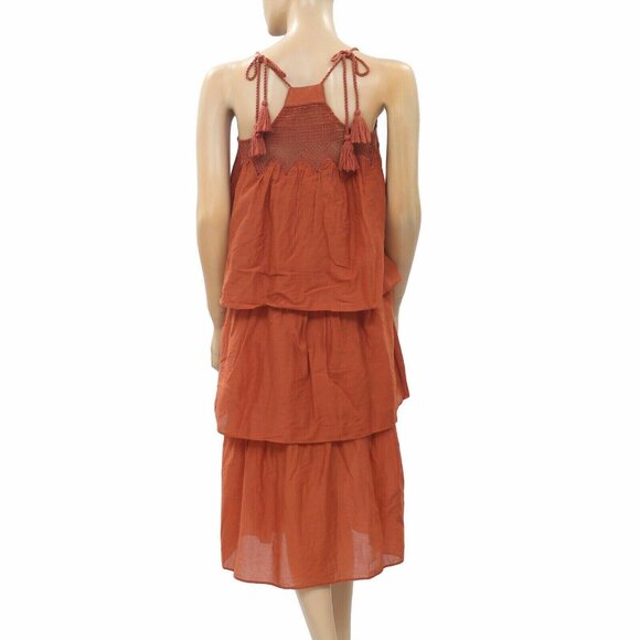 HappyxNature Kate Hudson Tiered Slip Midi Dress Rust Crochet Lace Tie XXS - Picture 3 of 5